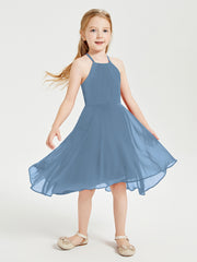 Trendy Tea Length Junior Bridesmaid Dresses Asymmetrical Skirt Slate Blue