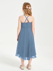 Trendy Tea Length Junior Bridesmaid Dresses Asymmetrical Skirt Slate Blue