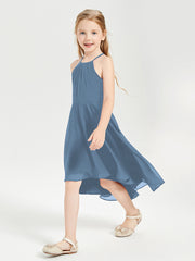 Trendy Tea Length Junior Bridesmaid Dresses Asymmetrical Skirt Slate Blue