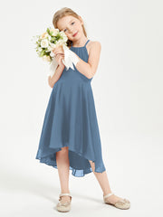 Trendy Tea Length Junior Bridesmaid Dresses Asymmetrical Skirt Slate Blue