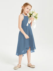 Trendy Tea Length Junior Bridesmaid Dresses Asymmetrical Skirt Slate Blue