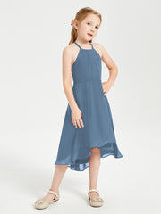 Trendy Tea Length Junior Bridesmaid Dresses Asymmetrical Skirt Slate Blue