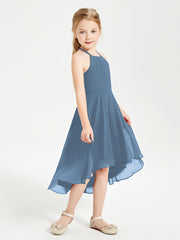 Trendy Tea Length Junior Bridesmaid Dresses Asymmetrical Skirt Slate Blue