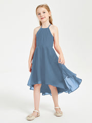 Trendy Tea Length Junior Bridesmaid Dresses Asymmetrical Skirt Slate Blue