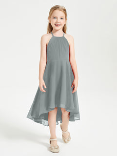 Trendy Tea Length Junior Bridesmaid Dresses Asymmetrical Skirt Steel Grey