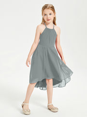 Trendy Tea Length Junior Bridesmaid Dresses Asymmetrical Skirt Steel Grey