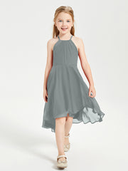 Trendy Tea Length Junior Bridesmaid Dresses Asymmetrical Skirt Steel Grey