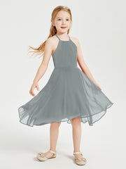 Trendy Tea Length Junior Bridesmaid Dresses Asymmetrical Skirt Steel Grey