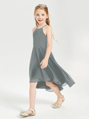 Trendy Tea Length Junior Bridesmaid Dresses Asymmetrical Skirt Steel Grey