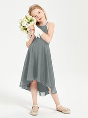 Trendy Tea Length Junior Bridesmaid Dresses Asymmetrical Skirt Steel Grey