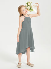 Trendy Tea Length Junior Bridesmaid Dresses Asymmetrical Skirt Steel Grey