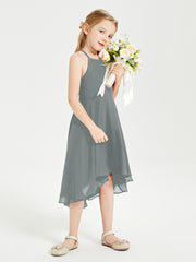 Trendy Tea Length Junior Bridesmaid Dresses Asymmetrical Skirt Steel Grey