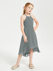 Trendy Tea Length Junior Bridesmaid Dresses Asymmetrical Skirt Steel Grey