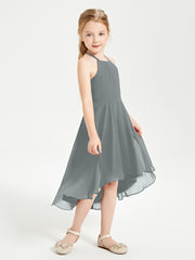 Trendy Tea Length Junior Bridesmaid Dresses Asymmetrical Skirt Steel Grey