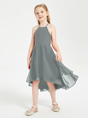 Trendy Tea Length Junior Bridesmaid Dresses Asymmetrical Skirt Steel Grey