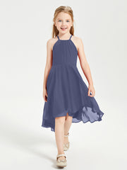 Trendy Tea Length Junior Bridesmaid Dresses Asymmetrical Skirt Stormy