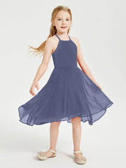 Trendy Tea Length Junior Bridesmaid Dresses Asymmetrical Skirt Stormy