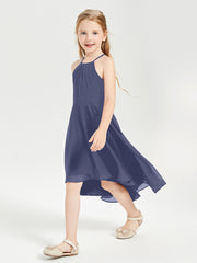 Trendy Tea Length Junior Bridesmaid Dresses Asymmetrical Skirt Stormy