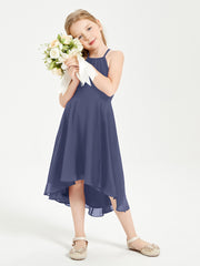 Trendy Tea Length Junior Bridesmaid Dresses Asymmetrical Skirt Stormy