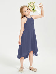 Trendy Tea Length Junior Bridesmaid Dresses Asymmetrical Skirt Stormy