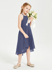 Trendy Tea Length Junior Bridesmaid Dresses Asymmetrical Skirt Stormy