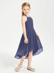 Trendy Tea Length Junior Bridesmaid Dresses Asymmetrical Skirt Stormy
