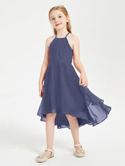 Trendy Tea Length Junior Bridesmaid Dresses Asymmetrical Skirt Stormy