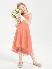 Trendy Tea Length Junior Bridesmaid Dresses Asymmetrical Skirt Sunset