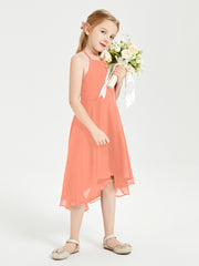 Trendy Tea Length Junior Bridesmaid Dresses Asymmetrical Skirt Sunset