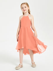 Trendy Tea Length Junior Bridesmaid Dresses Asymmetrical Skirt Sunset