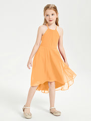 Trendy Tea Length Junior Bridesmaid Dresses Asymmetrical Skirt Tangerine