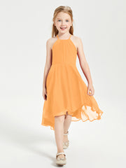 Trendy Tea Length Junior Bridesmaid Dresses Asymmetrical Skirt Tangerine
