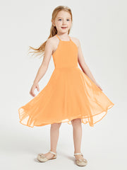 Trendy Tea Length Junior Bridesmaid Dresses Asymmetrical Skirt Tangerine