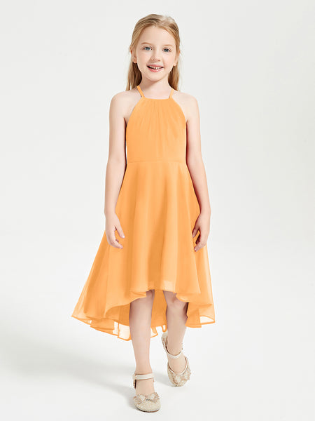 BABARONI Chiffon Tangerine Junior Bridesmaid Dresses A-line Halter Sleeveless Pleated Ruffles Asymmetrical, Tangerine / J4
