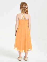 Trendy Tea Length Junior Bridesmaid Dresses Asymmetrical Skirt Tangerine