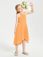 Trendy Tea Length Junior Bridesmaid Dresses Asymmetrical Skirt Tangerine