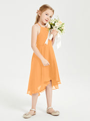 Trendy Tea Length Junior Bridesmaid Dresses Asymmetrical Skirt Tangerine