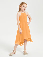 Trendy Tea Length Junior Bridesmaid Dresses Asymmetrical Skirt Tangerine