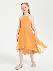 Trendy Tea Length Junior Bridesmaid Dresses Asymmetrical Skirt Tangerine