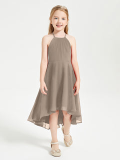 Trendy Tea Length Junior Bridesmaid Dresses Asymmetrical Skirt Taupe