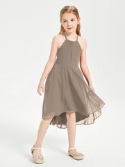 Trendy Tea Length Junior Bridesmaid Dresses Asymmetrical Skirt Taupe