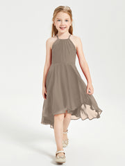 Trendy Tea Length Junior Bridesmaid Dresses Asymmetrical Skirt Taupe