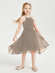 Trendy Tea Length Junior Bridesmaid Dresses Asymmetrical Skirt Taupe