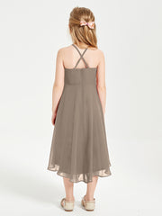 Trendy Tea Length Junior Bridesmaid Dresses Asymmetrical Skirt Taupe