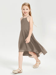 Trendy Tea Length Junior Bridesmaid Dresses Asymmetrical Skirt Taupe