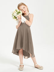 Trendy Tea Length Junior Bridesmaid Dresses Asymmetrical Skirt Taupe