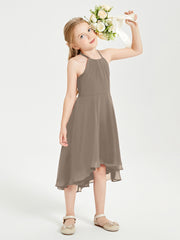 Trendy Tea Length Junior Bridesmaid Dresses Asymmetrical Skirt Taupe