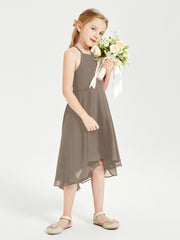 Trendy Tea Length Junior Bridesmaid Dresses Asymmetrical Skirt Taupe