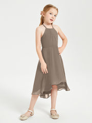Trendy Tea Length Junior Bridesmaid Dresses Asymmetrical Skirt Taupe