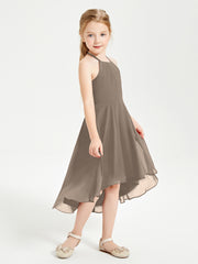Trendy Tea Length Junior Bridesmaid Dresses Asymmetrical Skirt Taupe